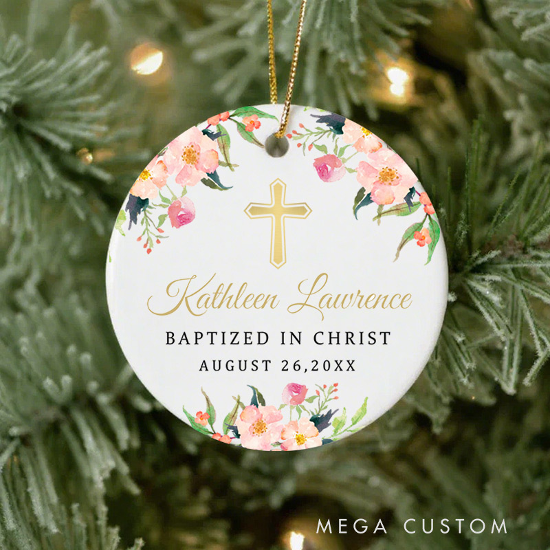 Personalized Botanical Floral Ceramic Ornament with Name Date First Communion Gift for Christian Confirmation and Baptism Gift