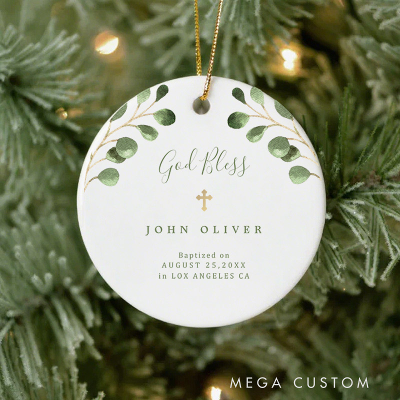 Personalized Green Eucalyptus Foliage Ceramic Ornament with Name Date First Communion Gift for Christian Confirmation and Baptism Gift