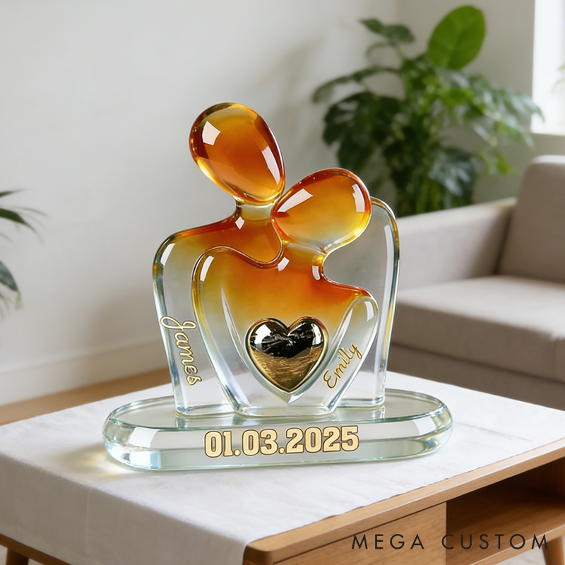 Personalized Acrylic Couple Figurine 2D Flat Couple Hug Statue with Heart Inlay Custom Couple Valentine's Gift Plaque