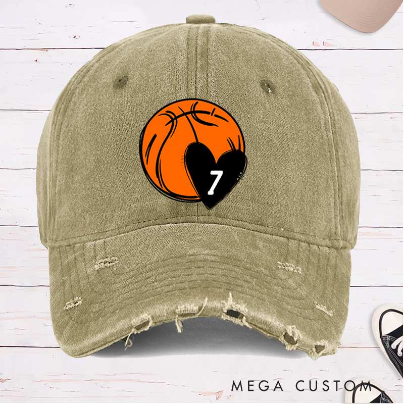 Personalized Distressed Basketball Cap with Custom Jersey Number Heart and Bold Basketball Graphic Design