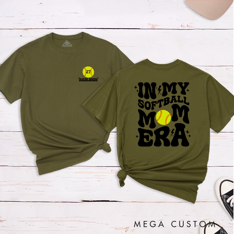 Personalized Softball Mom T-Shirt Design Featuring Bold Retro Text Custom Player Number and Name with Softball Graphic