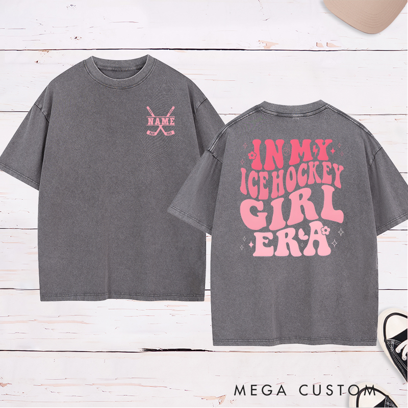 Personalized "Ice Hockey Girl Era" Washed T-Shirt with Custom Name