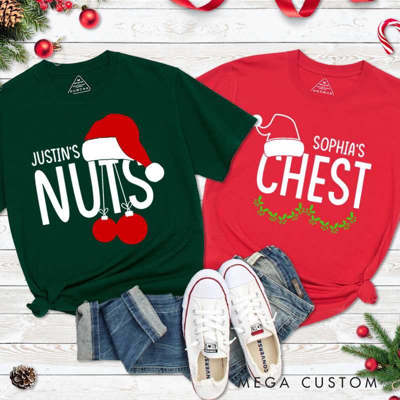 Personalized Couple Funny Nuts and Chest Christmas Matching T-Shirt Couple Xmas Santa Hats T-Shirt for Husband Wife Boyfriend Girlfriend