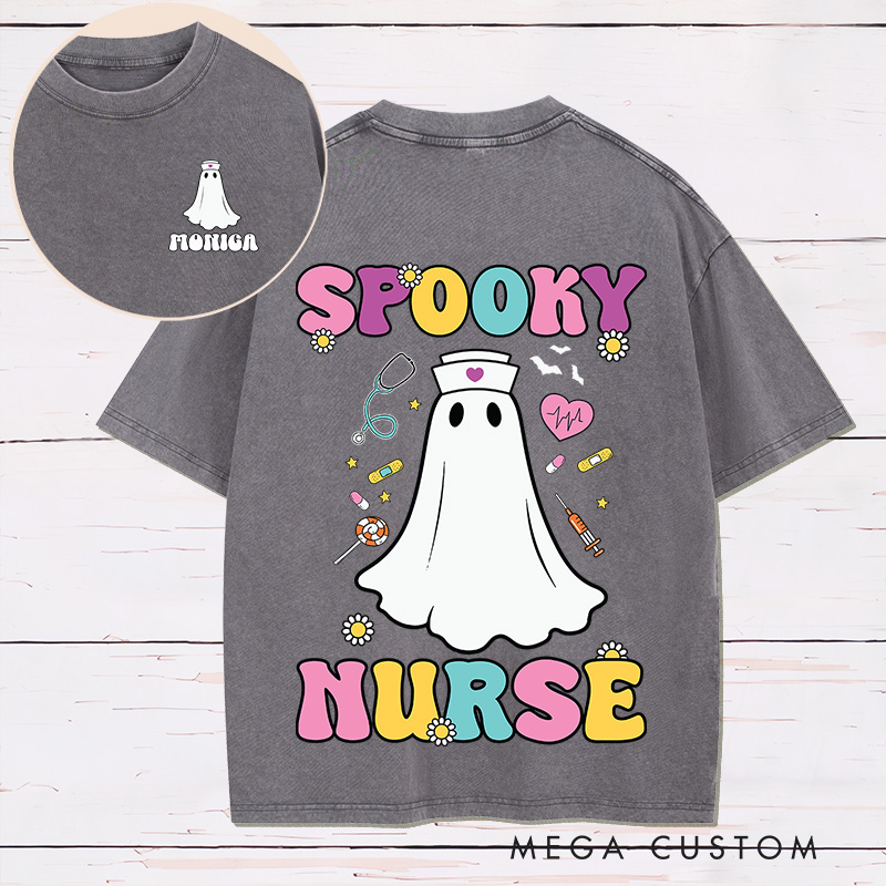 Personalized Nurse Two Sides Printed Washed T-Shirt Customized Spooky Nurse Design Washed T-Shirt 