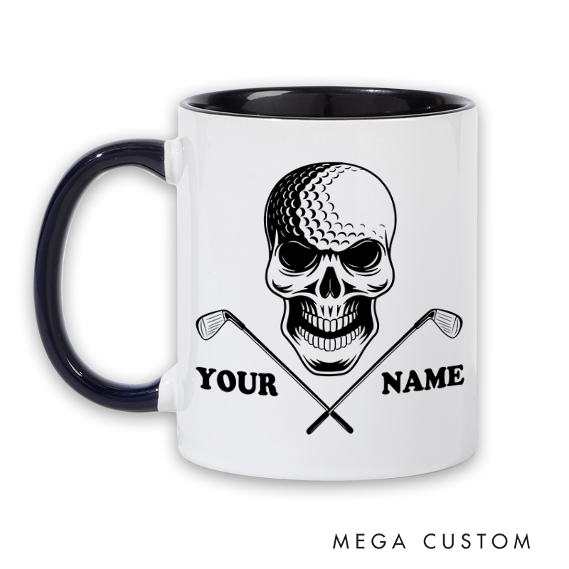 Personalized Skull Golf Mug with Custom Name and Crossed Clubs Design Perfect Gift for Golf Enthusiasts