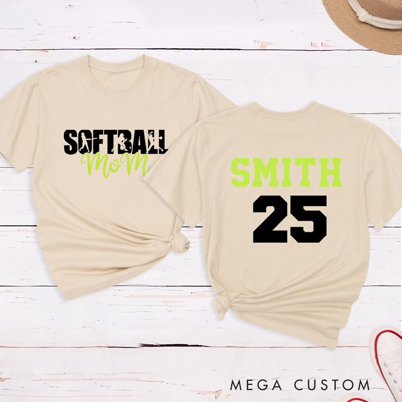 Personalized Softball Mom T-Shirt Design Featuring Bold Front Text with Stylish Script and Custom Name and Number on the Back