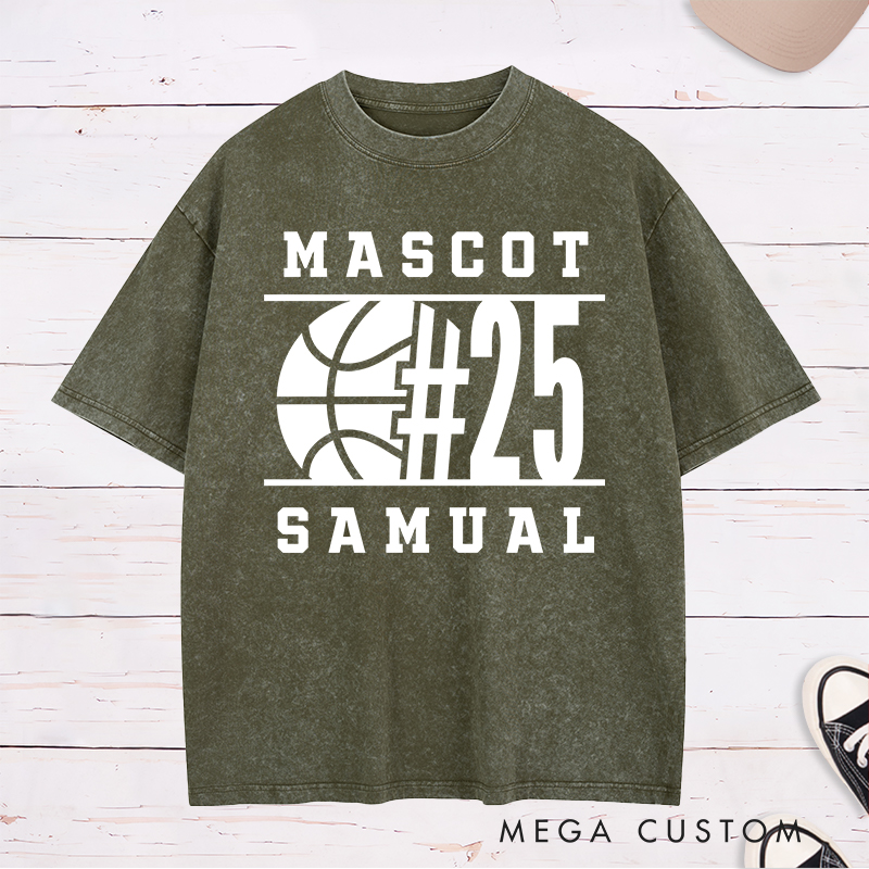 Personalized Washed T-Shirt Design Featuring Bold Basketball Graphic with Customizable Team Name Player Number and Personal Name