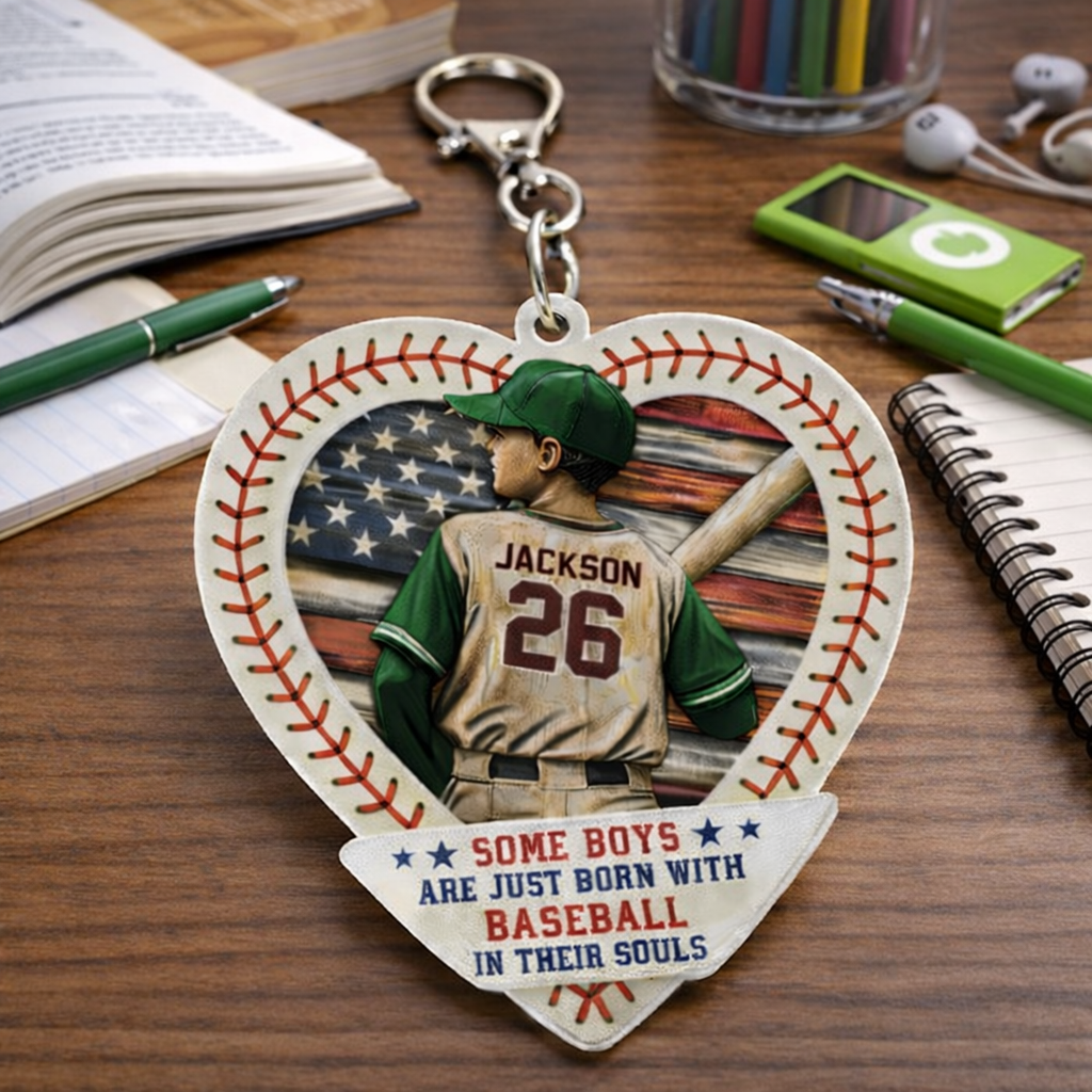 Personalized Baseball Heart Keychain Custom Name and Number for True Fans