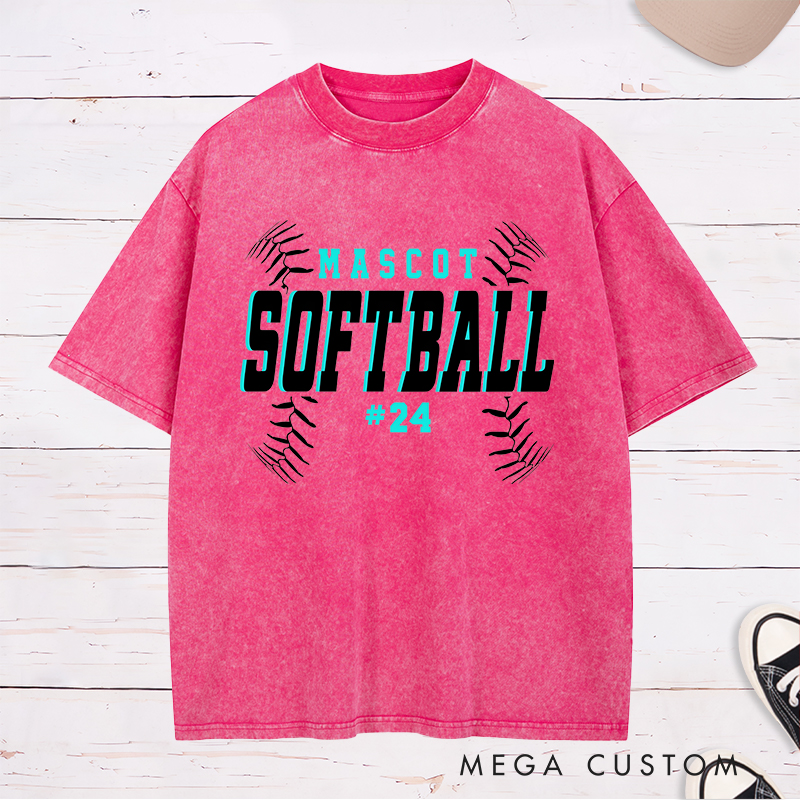 Personalized Softball Washed T-Shirt Team Design Featuring Bold Fixed Text a Dynamic Softball Stitching Graphic and Customizable Team Name and Player Number