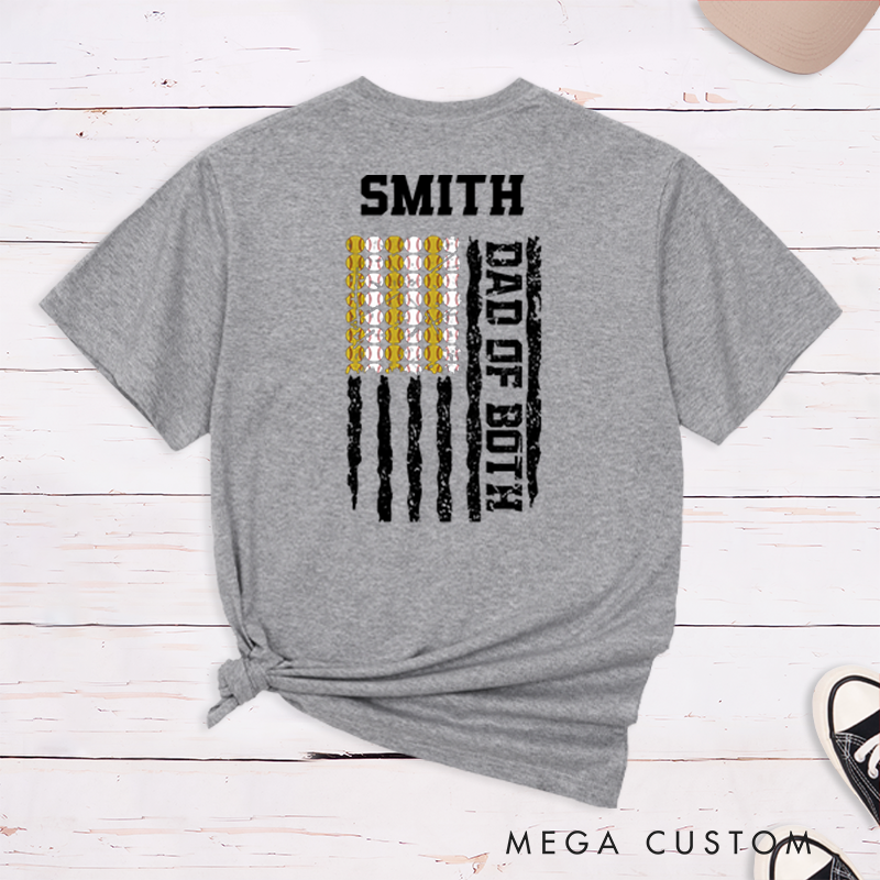 Personalized Dad of Both T-Shirt with Custom Name and Dual Sports Design Perfect Gift for Proud Softball and Baseball Dads
