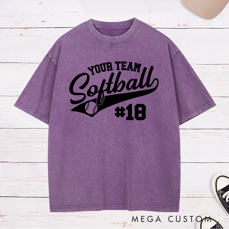 Personalized Softball Team Washed T-Shirt Design Featuring Customizable Team Name Elegant Script Softball Text Dynamic Swoosh Element Baseball Graphic and Custom Player Number