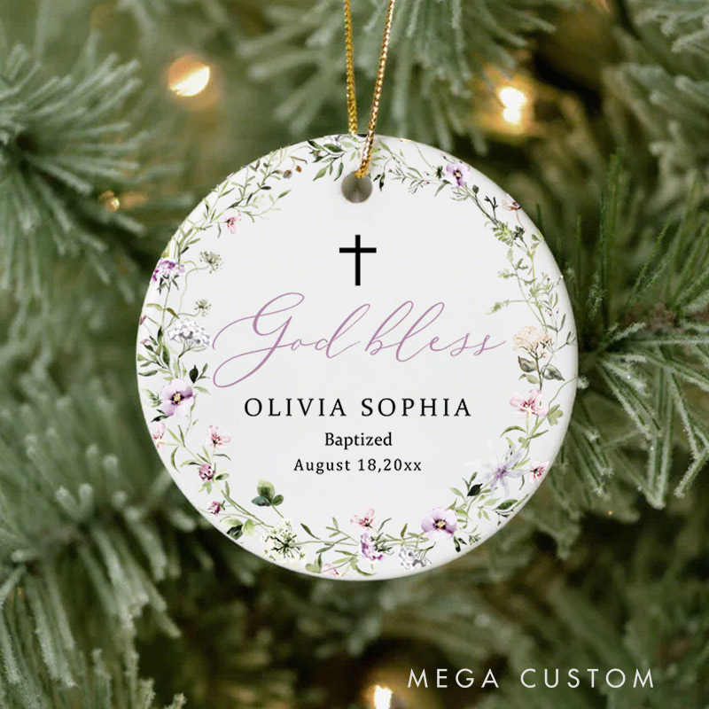 Personalized Wildflower Purple Ceramic Ornament with Name Date First Communion Gift for Christian Confirmation and Baptism Gift
