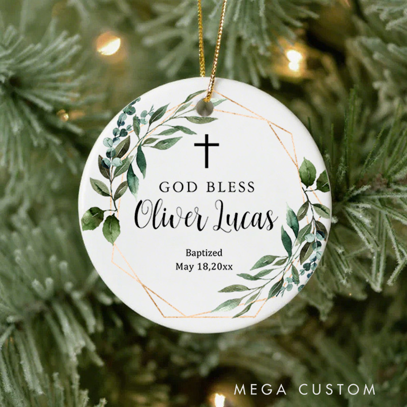 Personalized Greenery Gold Ceramic Ornament with Name Date First Communion Gift for Christian Confirmation and Baptism Gift