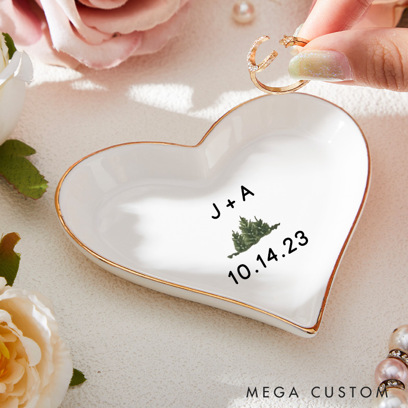 Personalized Minimalist Evergreen with Initials and Date Wedding Engagement Gold-Trimmed Ring Dishes