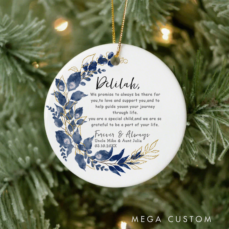 Personalized Blue Leaves Ceramic Ornament with Name Date First Communion Gift for Christian Confirmation and Baptism Gift