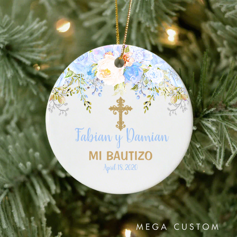 Personalized Blue Rose Garden Ceramic Ornament with Name Date First Communion Gift for Christian Confirmation and Baptism Gift