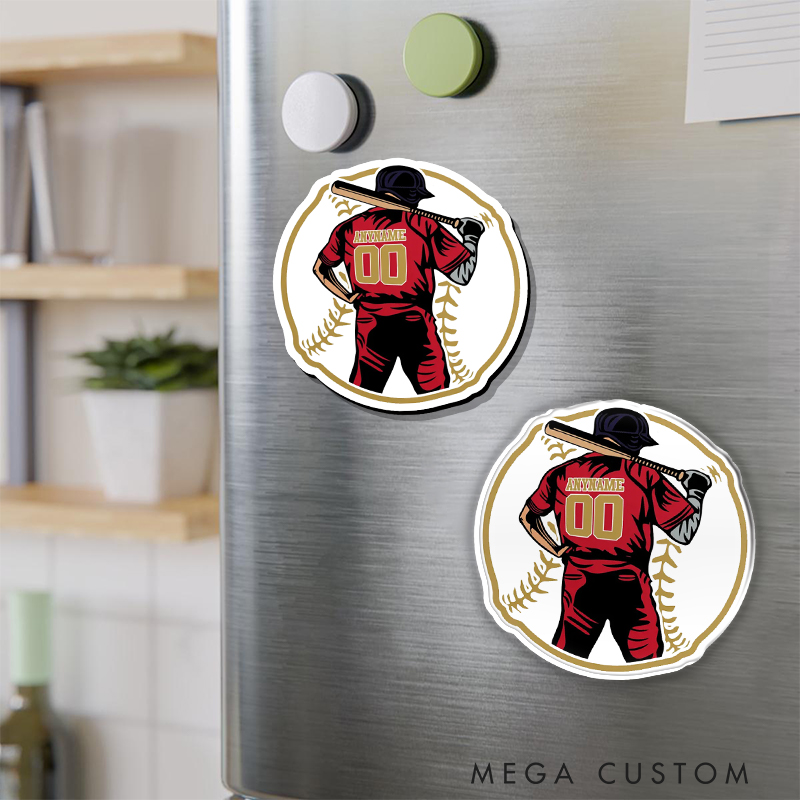 Personalized Baseball Fridge Magnet with Player Graphic and Custom Name and Number