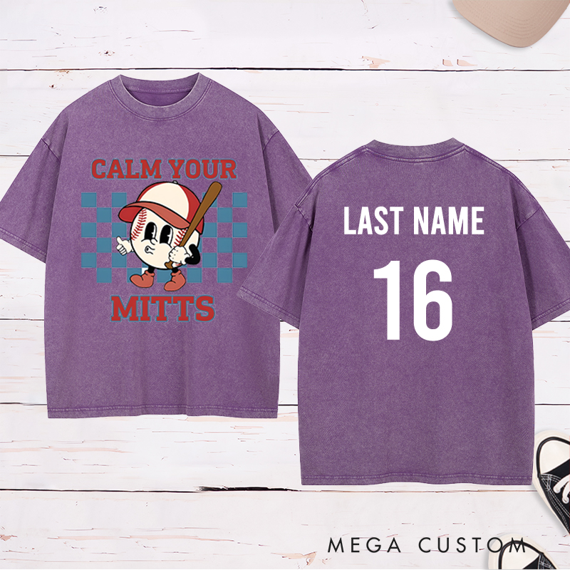 Personalized "Calm Your Mitts" Baseball Washed T-Shirt with Custom Name and Number  