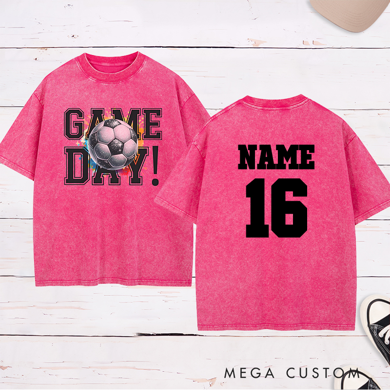 Personalized Soccer Washed T-Shirt Featuring Vibrant Splash Design and Custom Name and Number
