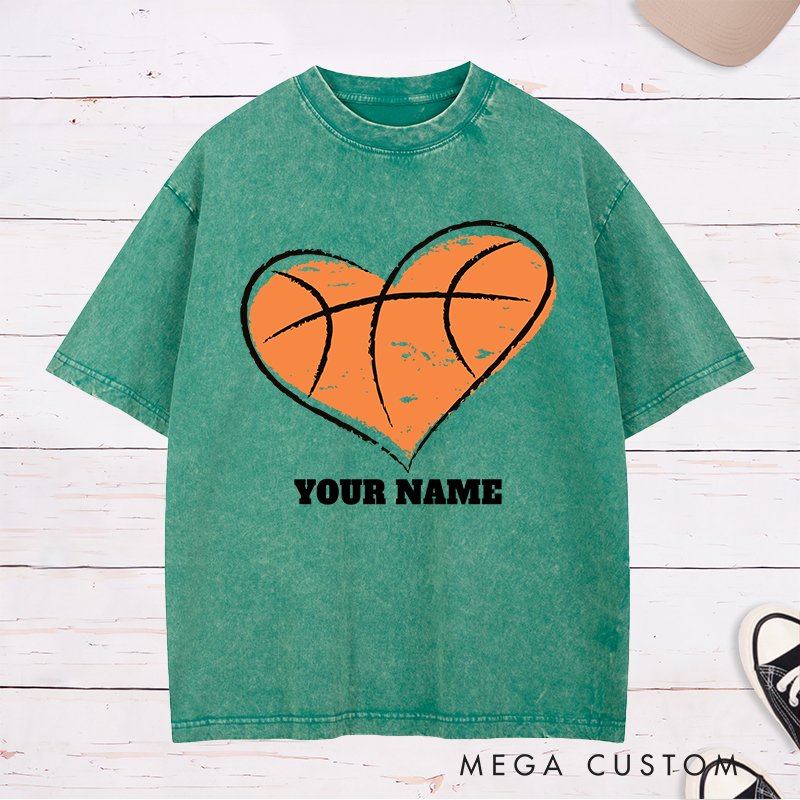 Personalized Washed T-Shirt Design Featuring a Heart-Shaped Basketball Graphic with Customizable Name for a Unique and Stylish Look