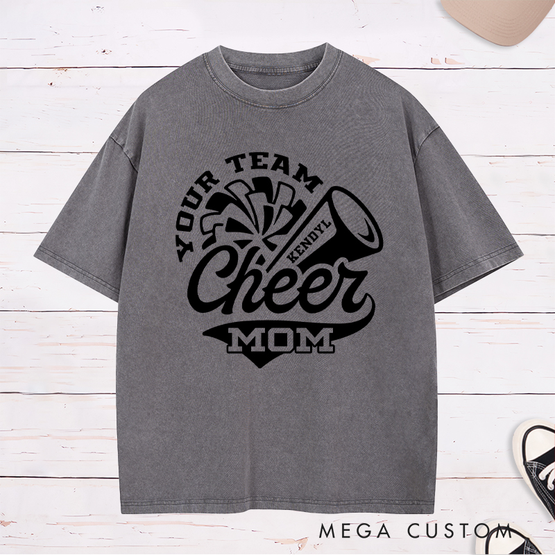 Personalized Cheer Mom Washed T-Shirts Featuring Custom Team Name and Player Name on the Front for Game Day Spirit