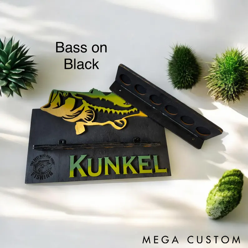 Personalized Fishing Rod Holder Wall Mount Custom Name Wooden Rack with Fish Design Perfect for Organizing Gear and Fishing Enthusiast Gifts