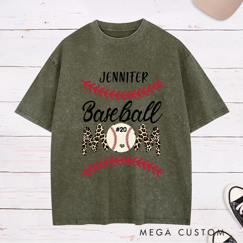 Personalized Baseball Mom Washed T-Shirt with Stylish Leopard Print and Number