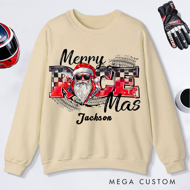 Personalized Merry Race Mas Sweatshirt Custom Name Racing Santa Christmas Pullover Gift for Racers and Racing Lovers