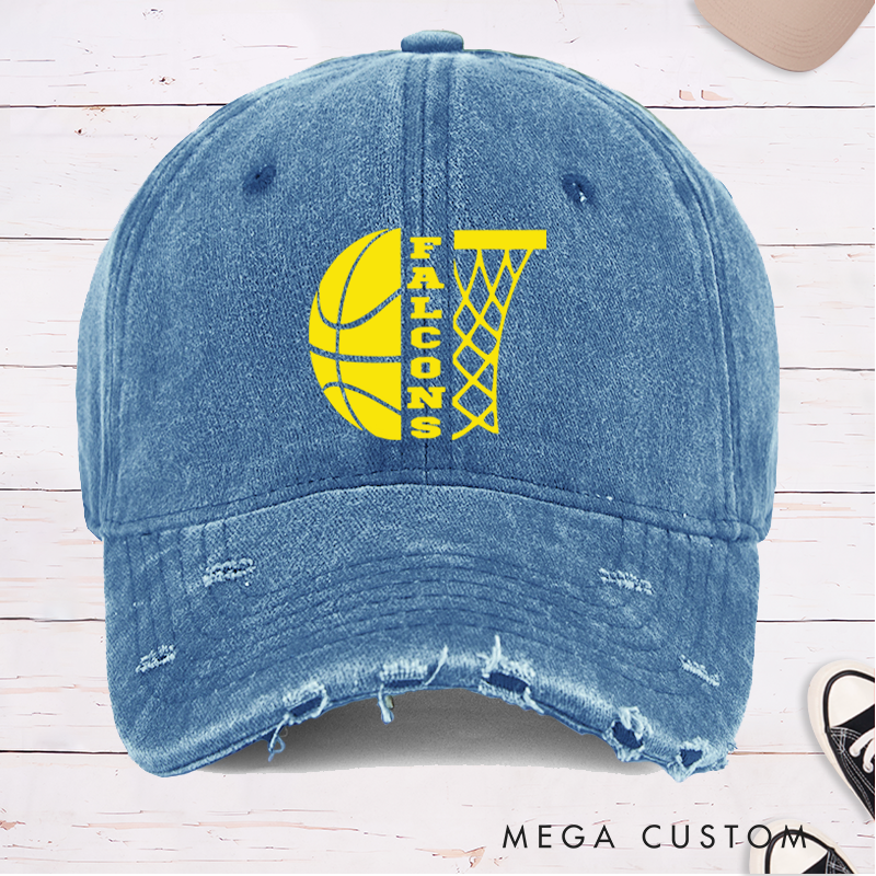 Personalized Distressed Basketball Cap with Custom Team Name and Minimalist Hoop Design
