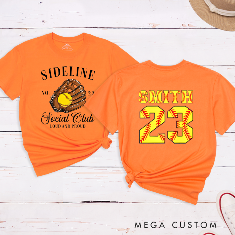 Personalized Softball Sideline Social Club T-Shirt with Custom Name and Number Perfect Gift for Proud Fans Supporters and Players