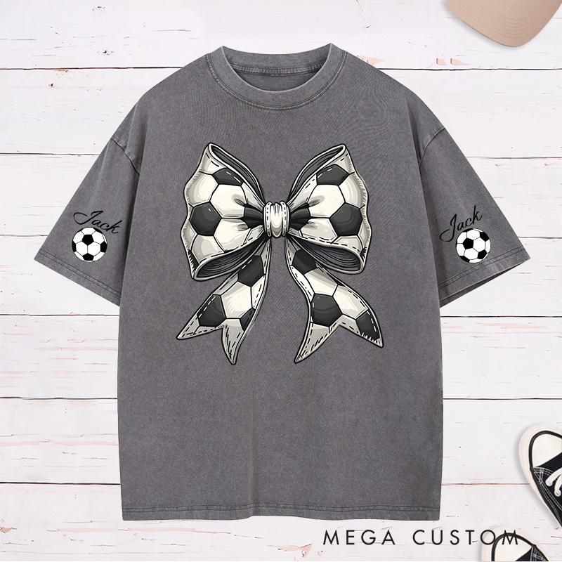 Personalized Soccer Washed T-Shirt with Stylish Soccer Ball Bow and Custom Name