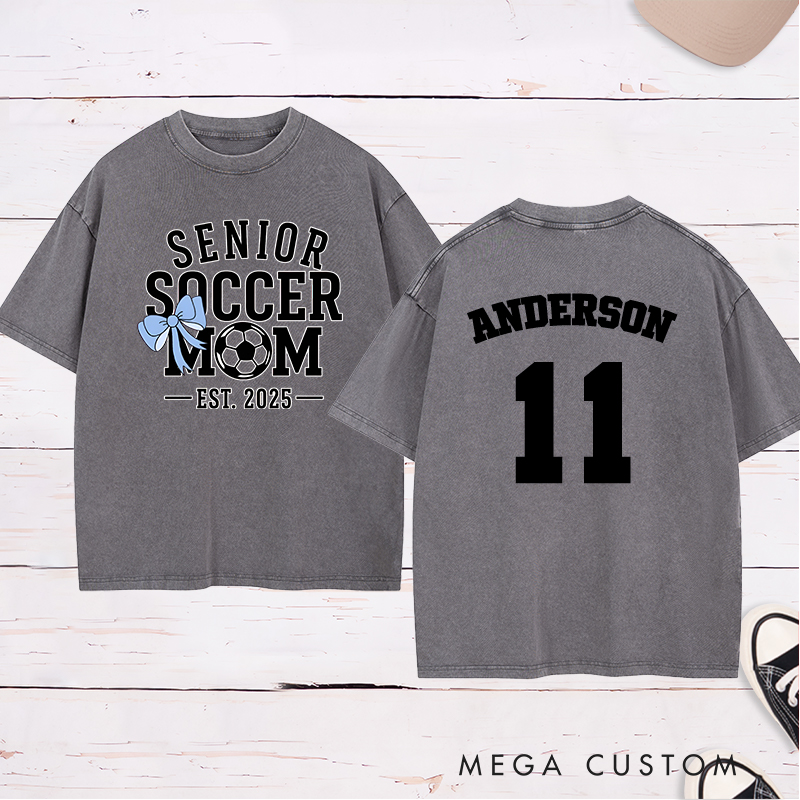Personalized Senior Soccer Washed Mom T-Shirt with Custom Name, Number, and Graduation Year