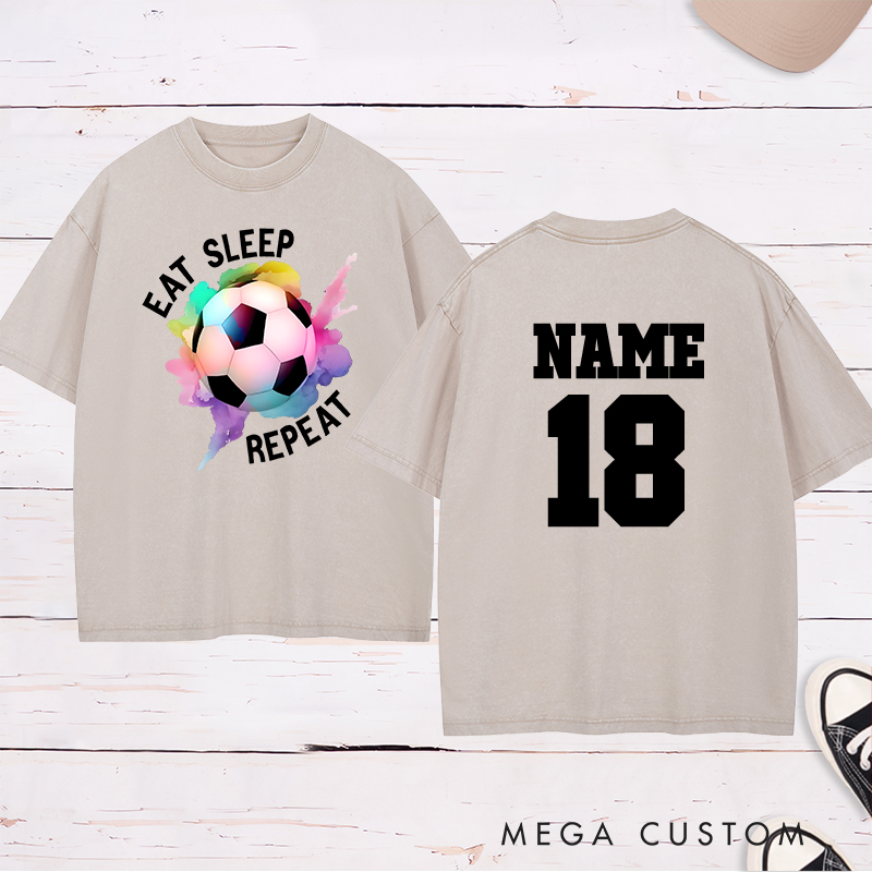 Personalized Soccer Washed T-Shirt with "Eat Sleep Repeat" Design and Custom Name and Number