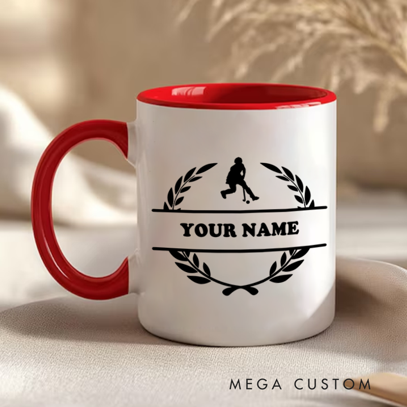 Personalized Hockey Mug with Custom Name Laurel Wreath and Player Silhouette Design Perfect Gift for Hockey Fans and Players