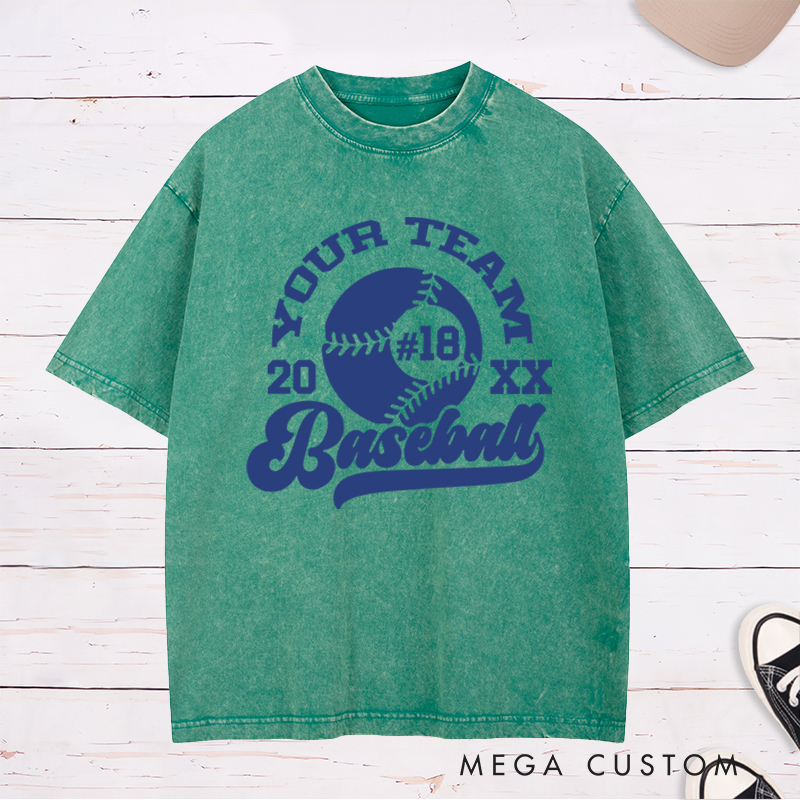 Personalized Baseball Washed T-Shirt with Custom Team Name, Player Number, and Year Design