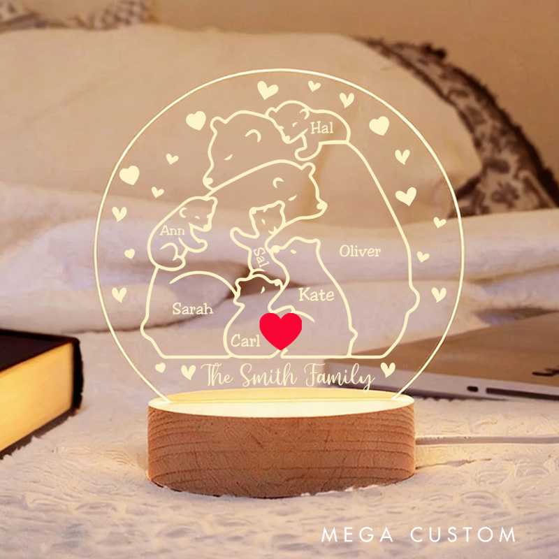 Personalized Heart Bear Family Acrylic LED Night Light with Wooden Base and Text Home Decor Gift for Mom Dad Family Bedroom Living Room Decor