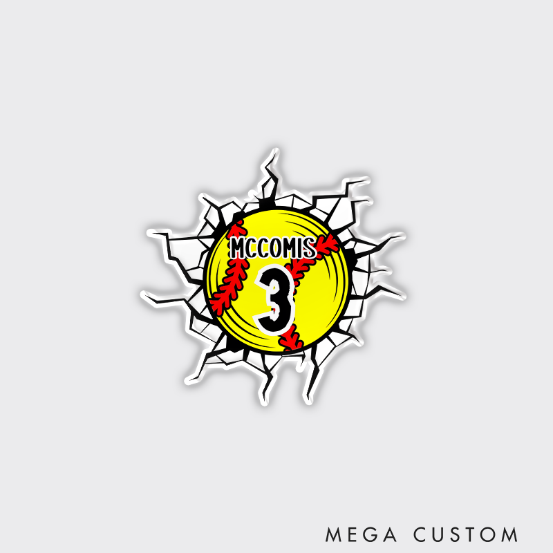 Personalized Softball Refrigerator Magnet with Custom Name Player Number and Cracked Wall Design