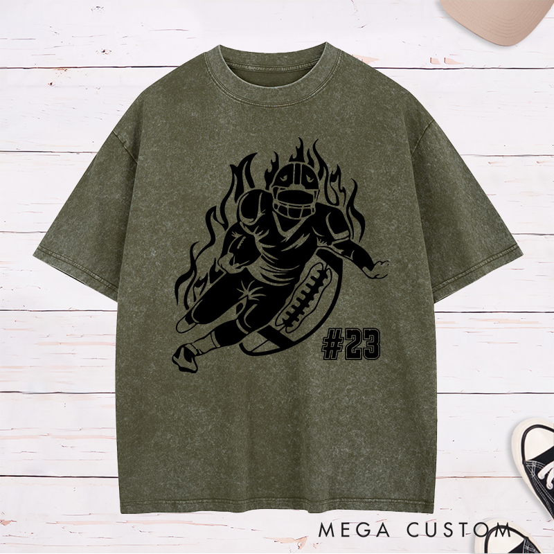 Personalized American Football Player Washed T-Shirts Featuring Custom Number for Football Action Tee