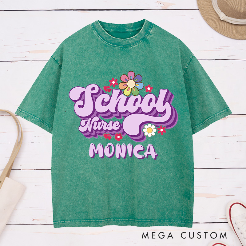 Personalized Nurse Washed T-Shirt Customized School Nurse Retro Floral Design Washed T-Shirt 