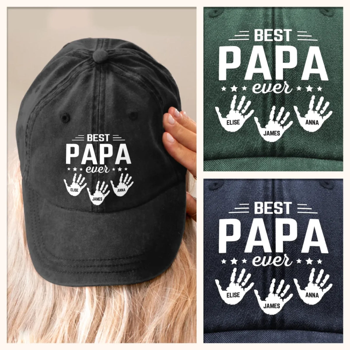 Personalized the Hands that Made Him Papa Vintage Washed Denim Baseball Cap