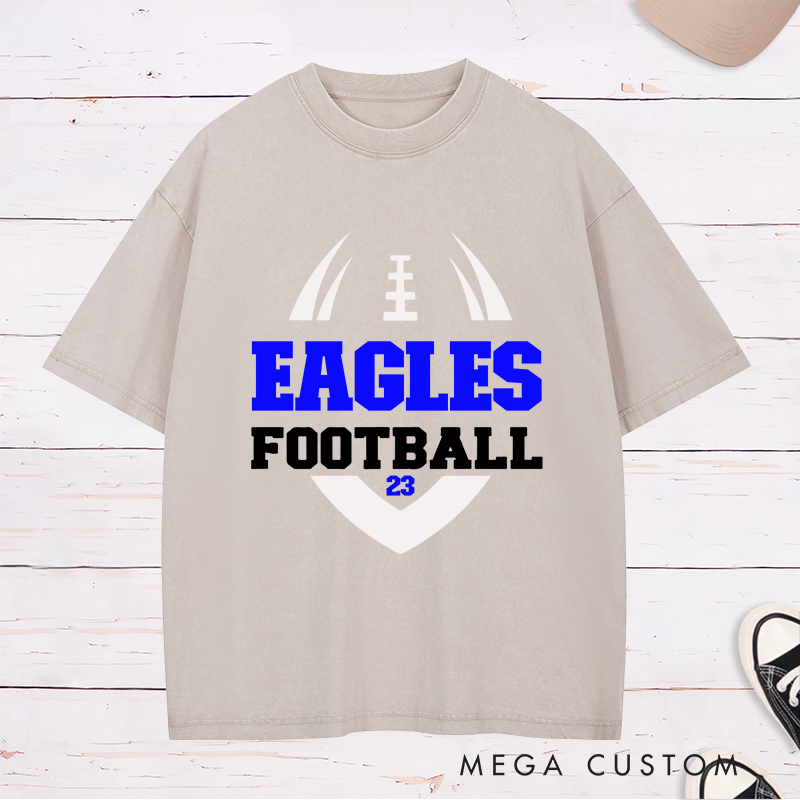 Personalized American Football Washed T-Shirt with Custom Favorite Team Name and Number-Football Season Tee