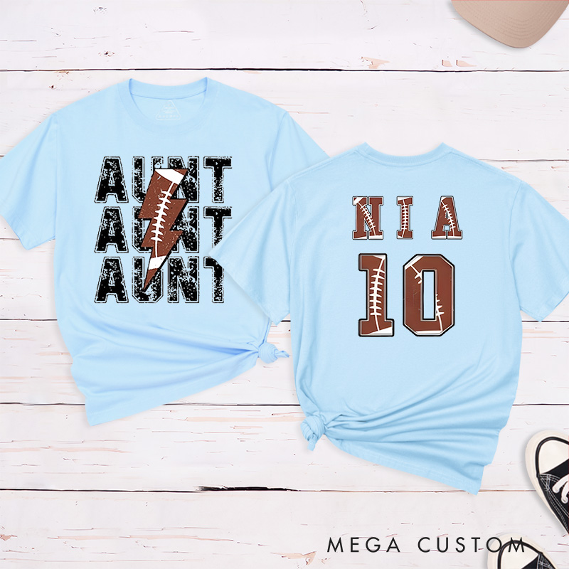 Personalized American Football and Rugby Aunt T-Shirts with Custom Name and Number