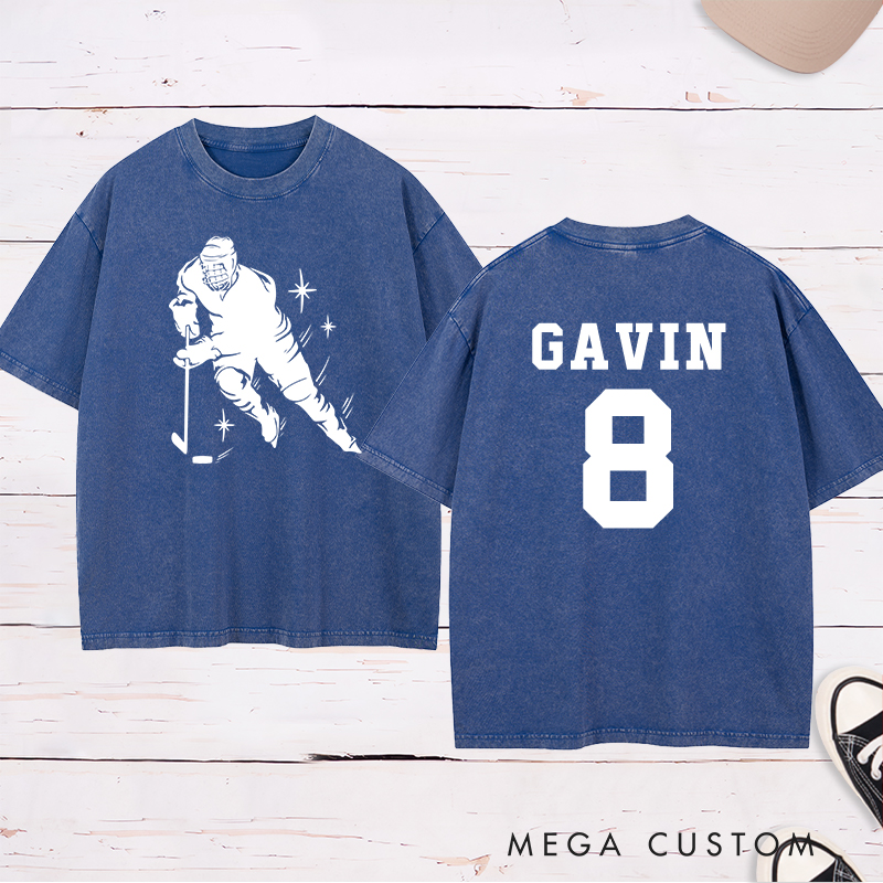 Personalized Hockey Player Silhouette Washed T-Shirt with Custom Name and Number