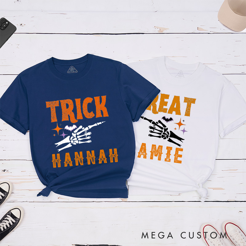 Personalized Halloween Trick Or Treat Funny Couple Matching T-Shirt Skeleton Finger Couple Shirt