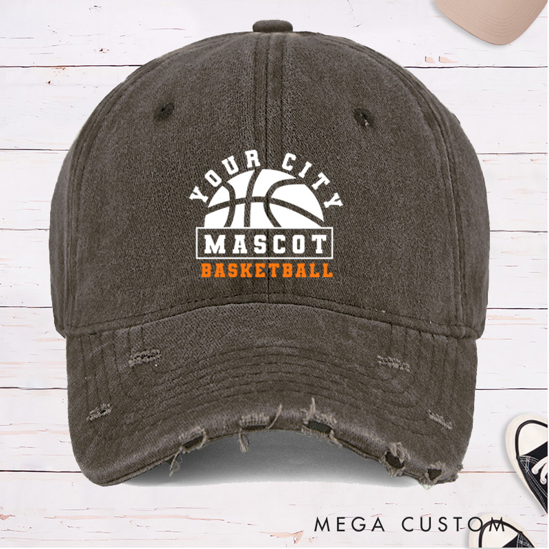 Personalized Distressed Denim Basketball Cap with Custom City Name Team Name and Basketball Graphic Design