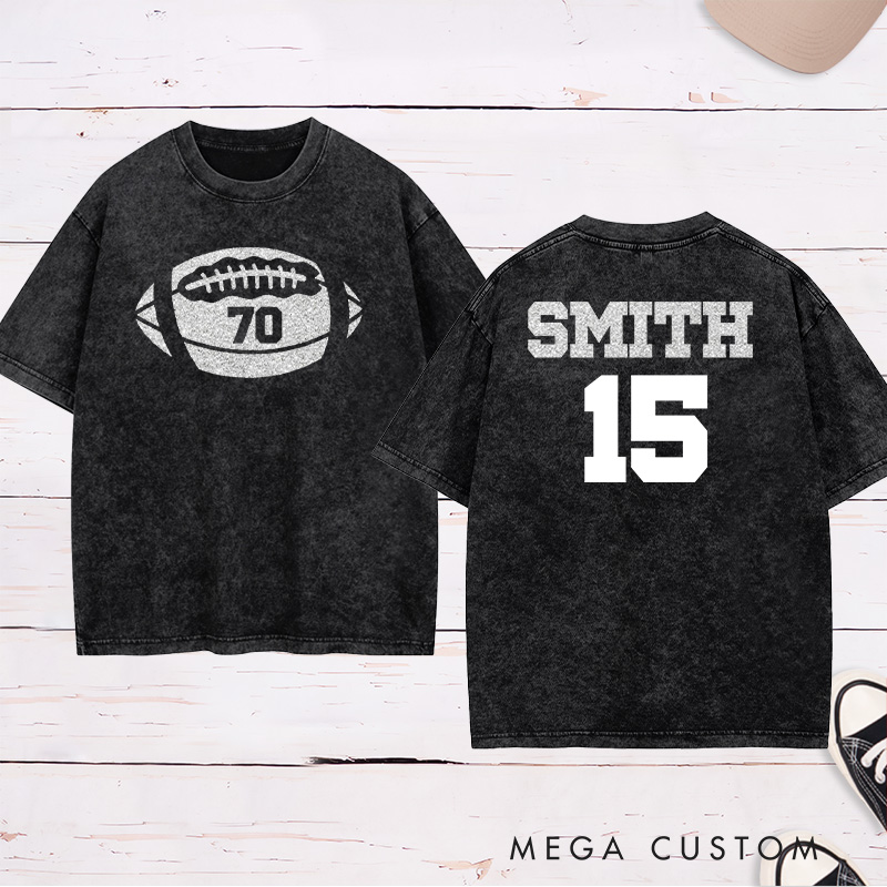 Personalized Glitter American Football and Rugby Washed T-Shirt with Custom Name and Number on the Back