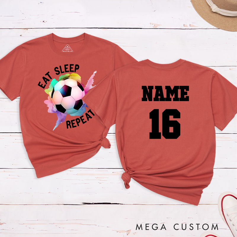 Personalized Soccer T-Shirt with "Eat Sleep Repeat" Design and Custom Name and Number