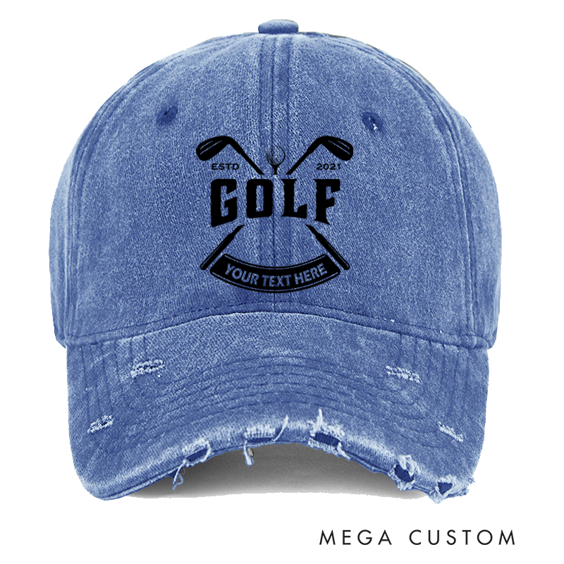 Personalized Golf Distressed Denim Baseball Cap with Customizable Text Crossed Golf Club Design and ESTD Year for Golf Enthusiasts