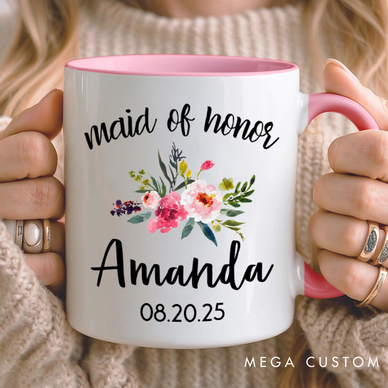 Personalized Colorful Floral Maid of Honor Mug Bridesmaid Mug with Name Bachelorette Party Mug Bridesmaid Proposal Gift Bridal Shower Mug