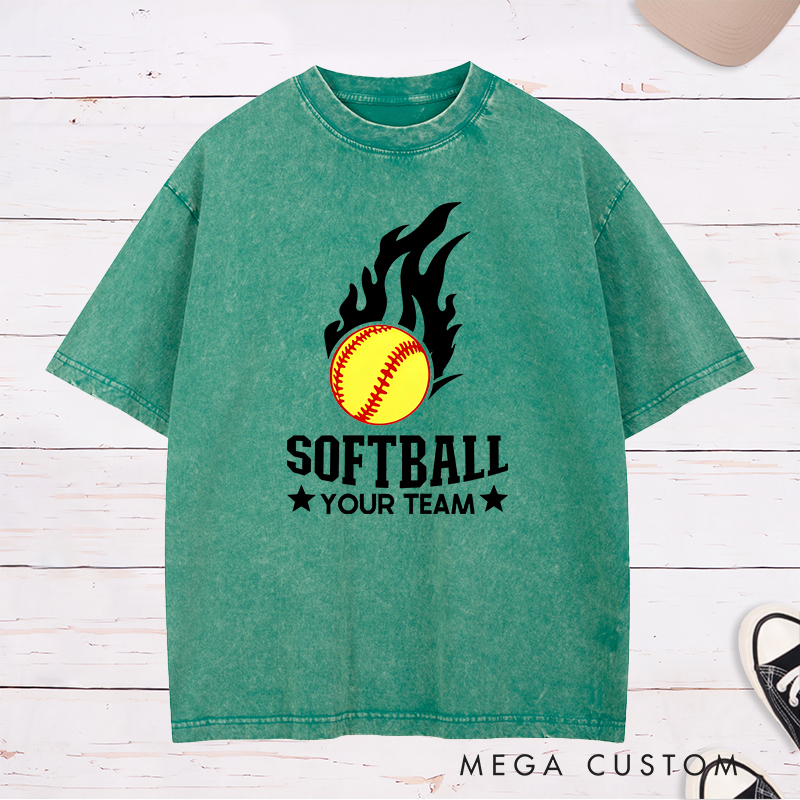 Personalized Softball Team Washed T-Shirt Design Featuring Customizable Team Name Fiery Softball Graphic with Bold Star Accents